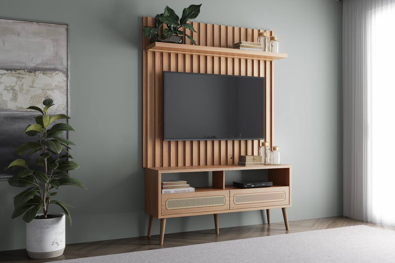 Móvel de tv ripado com LED + rack 2 gavetas