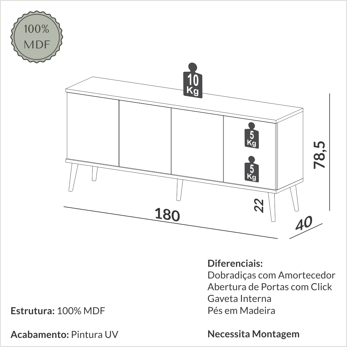 Balcão pé palito 1,80m