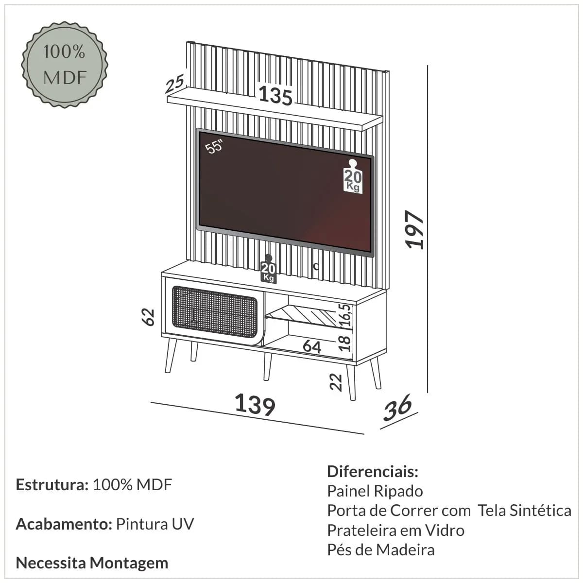 Móvel de tv ripado com rack 1 porta