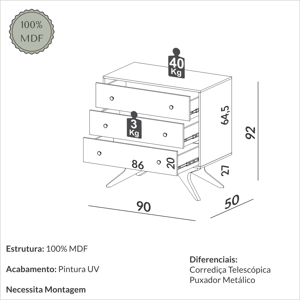 Cômoda retrô com 3 gavetas 