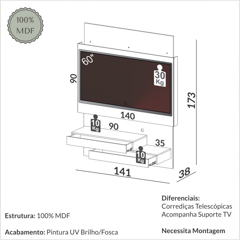 Painel de tv suspenso 1,41m