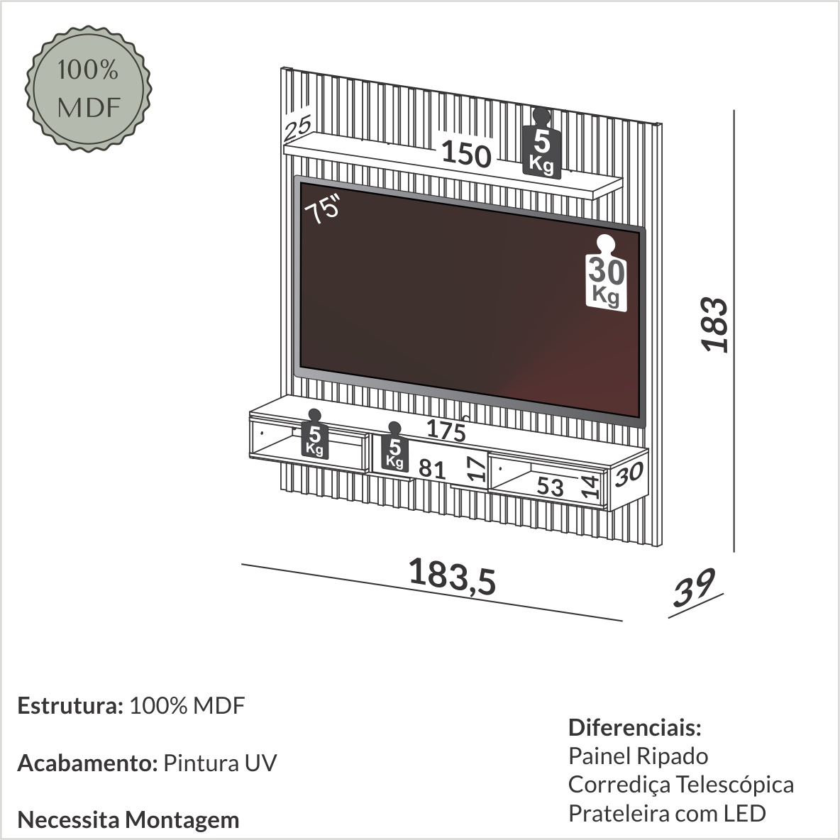 Painel suspenso ripado com LED altura 1,83m 