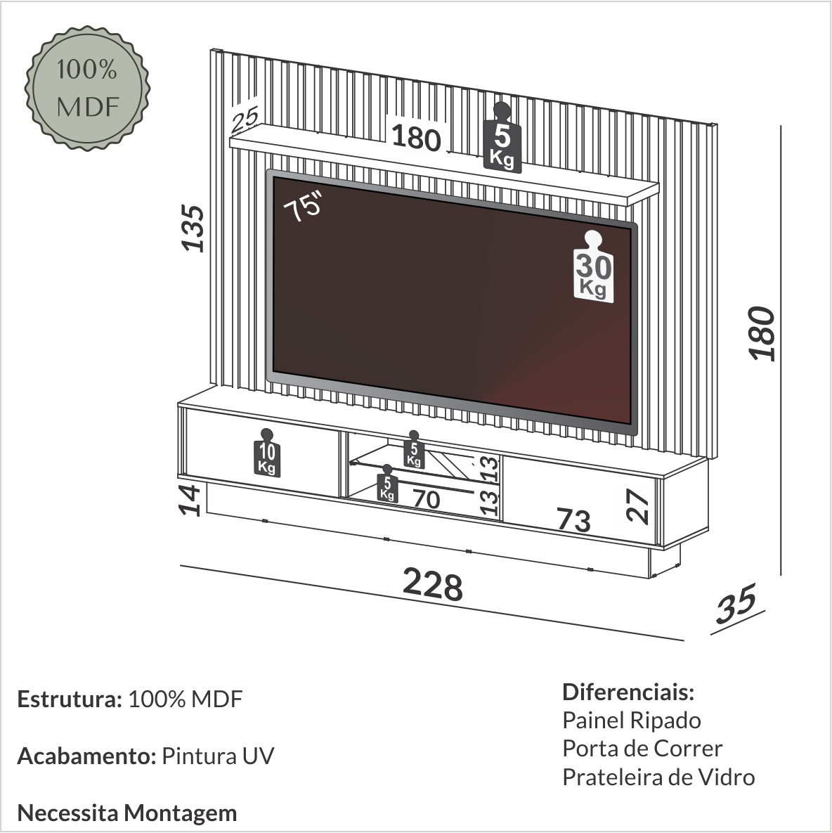 Painel de tv 2,28m com LED