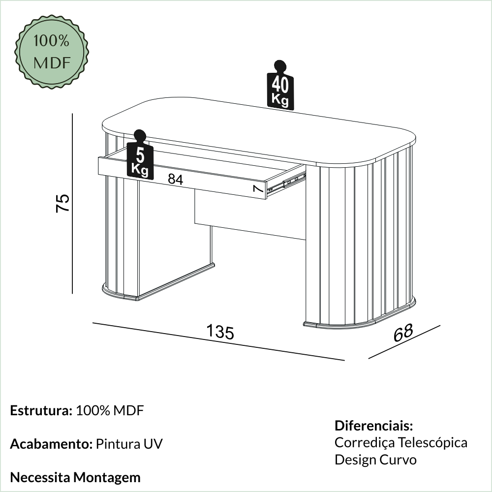 Mesa de escritório Curve ripada 