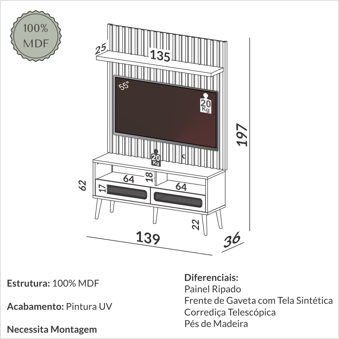 Móvel de tv ripado com LED + rack 2 gavetas