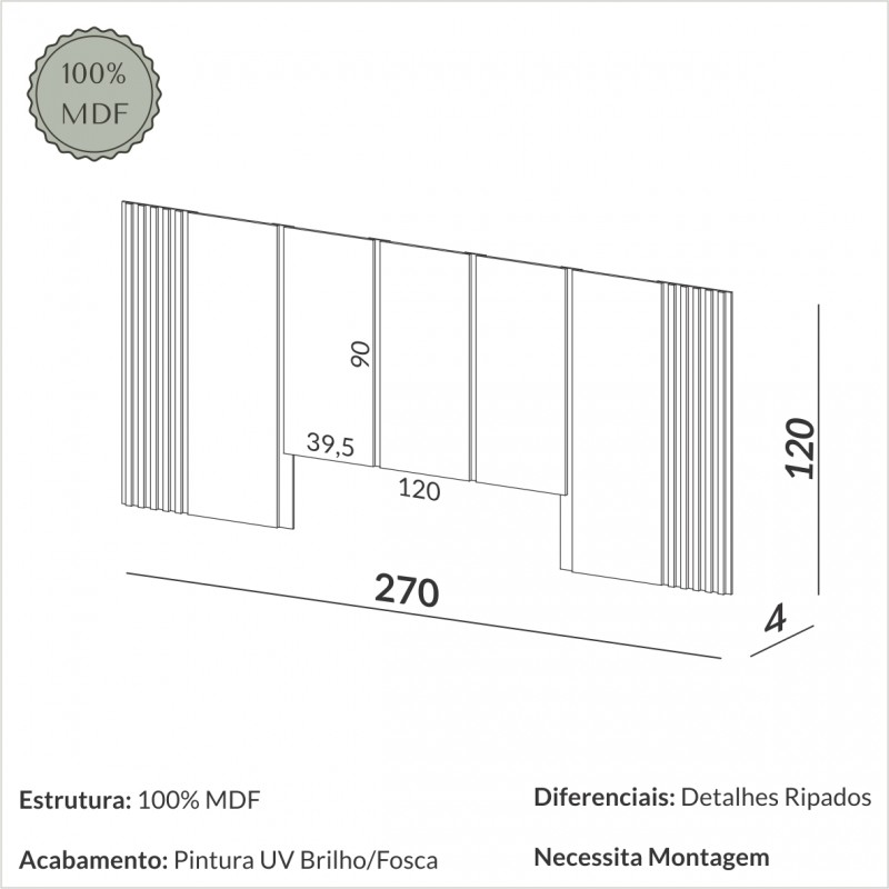 Cabeceira em MDF 2,70m - offwhite