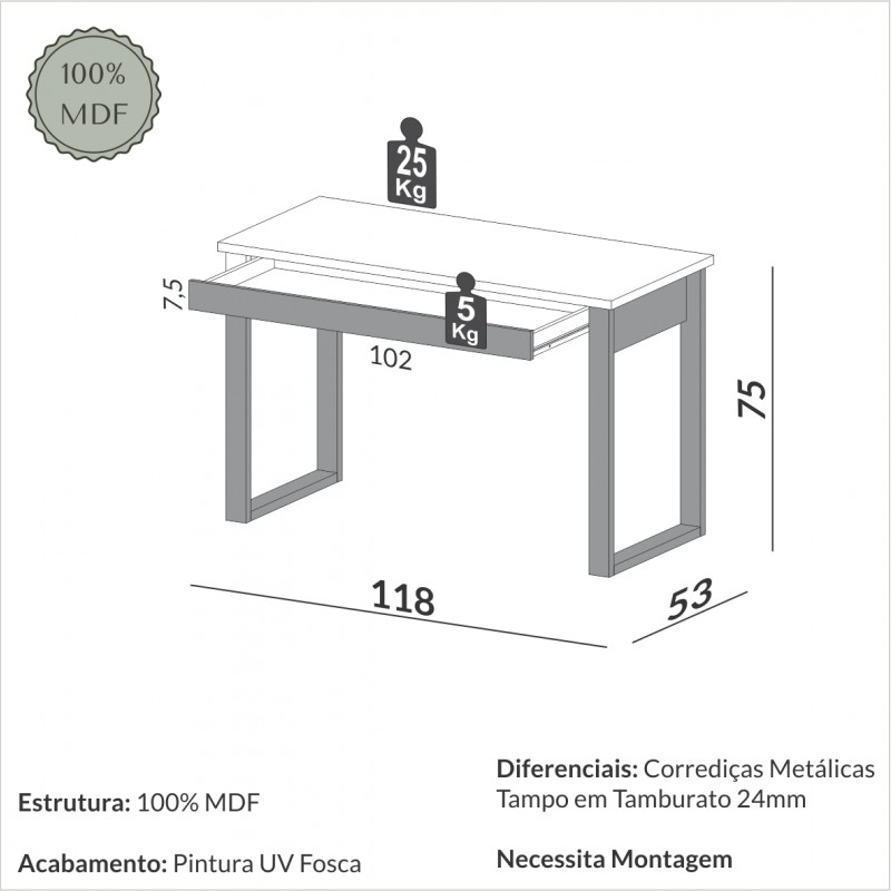 Mesa de escritório industrial com gaveta