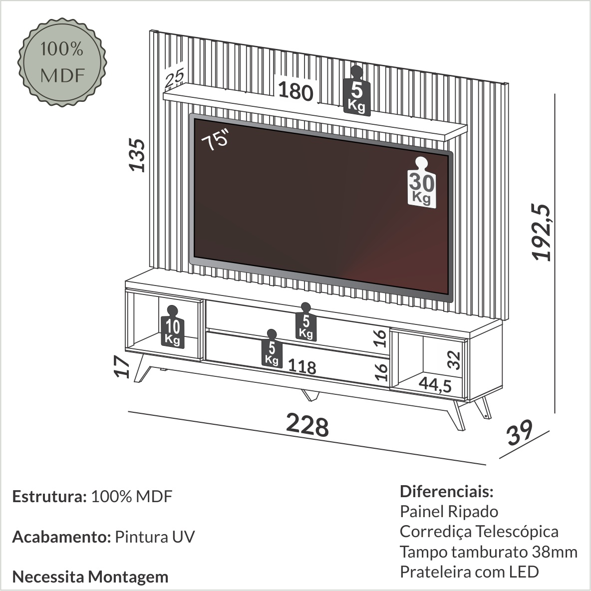 Móvel de TV 2,28m com LED e painel ripado 