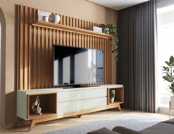 Móvel de TV 2,28m com LED e painel ripado 