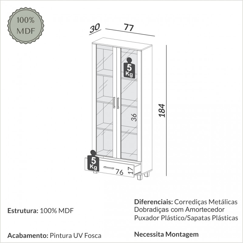 Estante com 2 portas de vidro