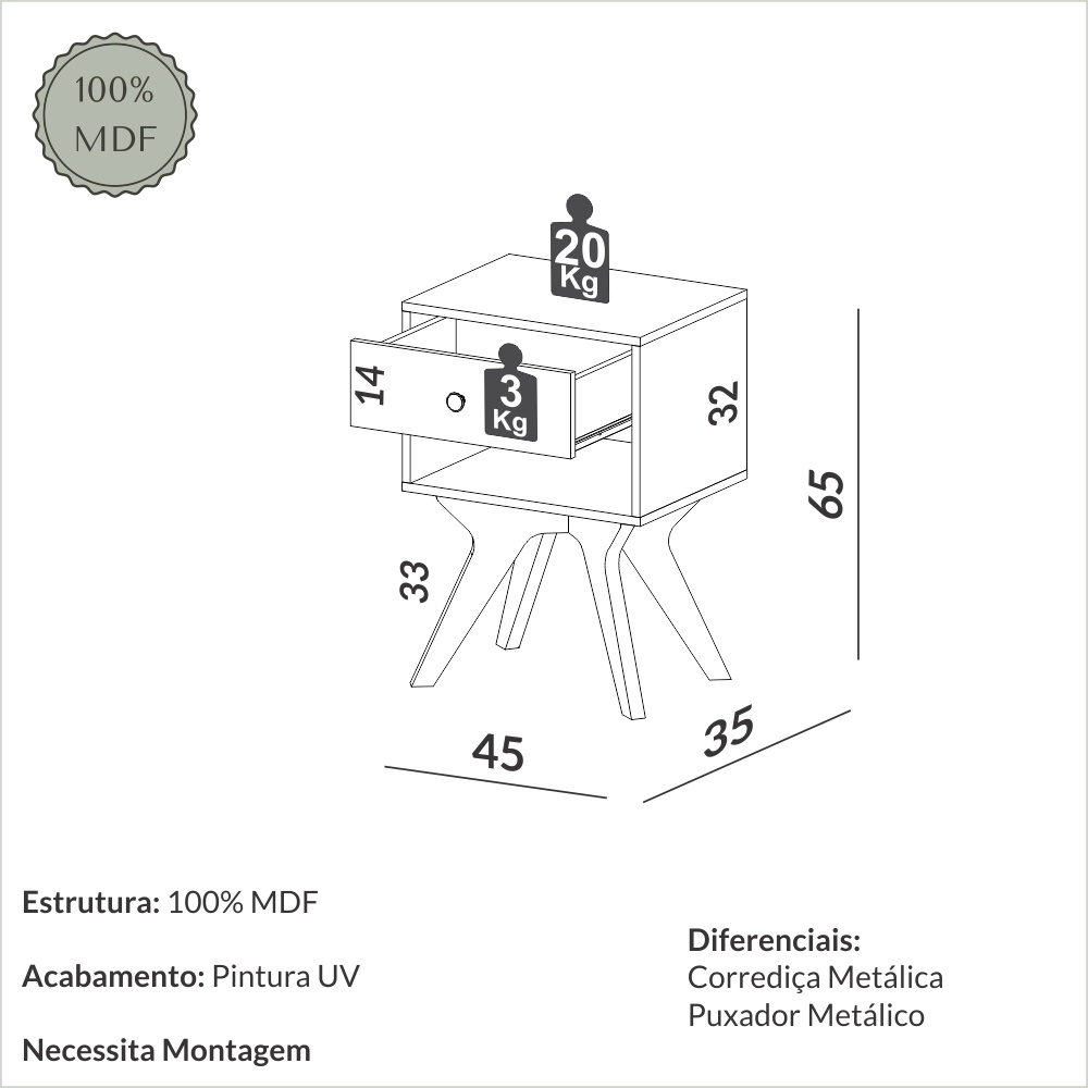 Mesa de cabeceira retrô offwhite
