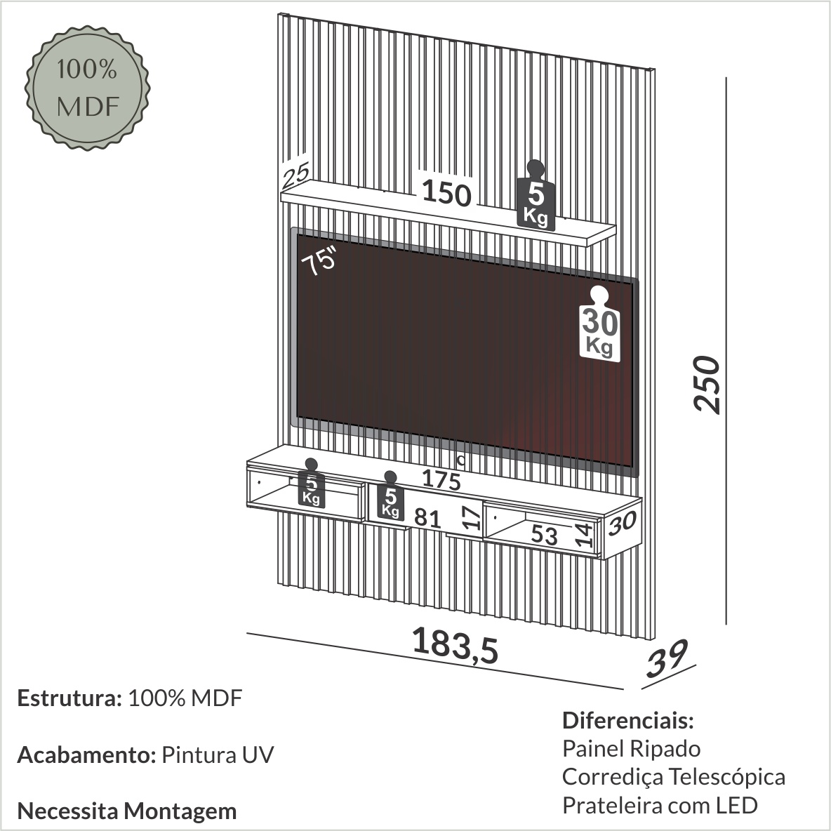 Painel suspenso ripado com LED altura 2,50m